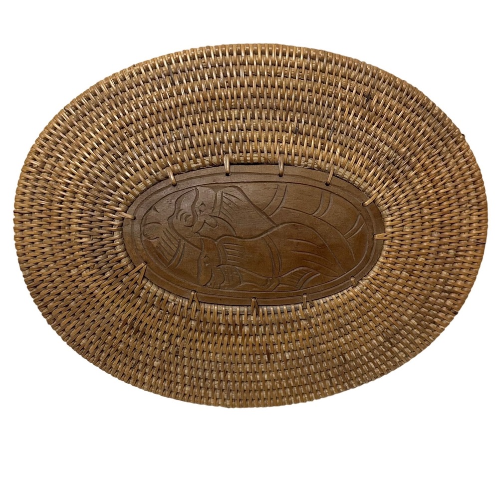 Handwoven Rattan Oval Trinket Basket Box Carved Wood Lid Figure Brown 9.5in